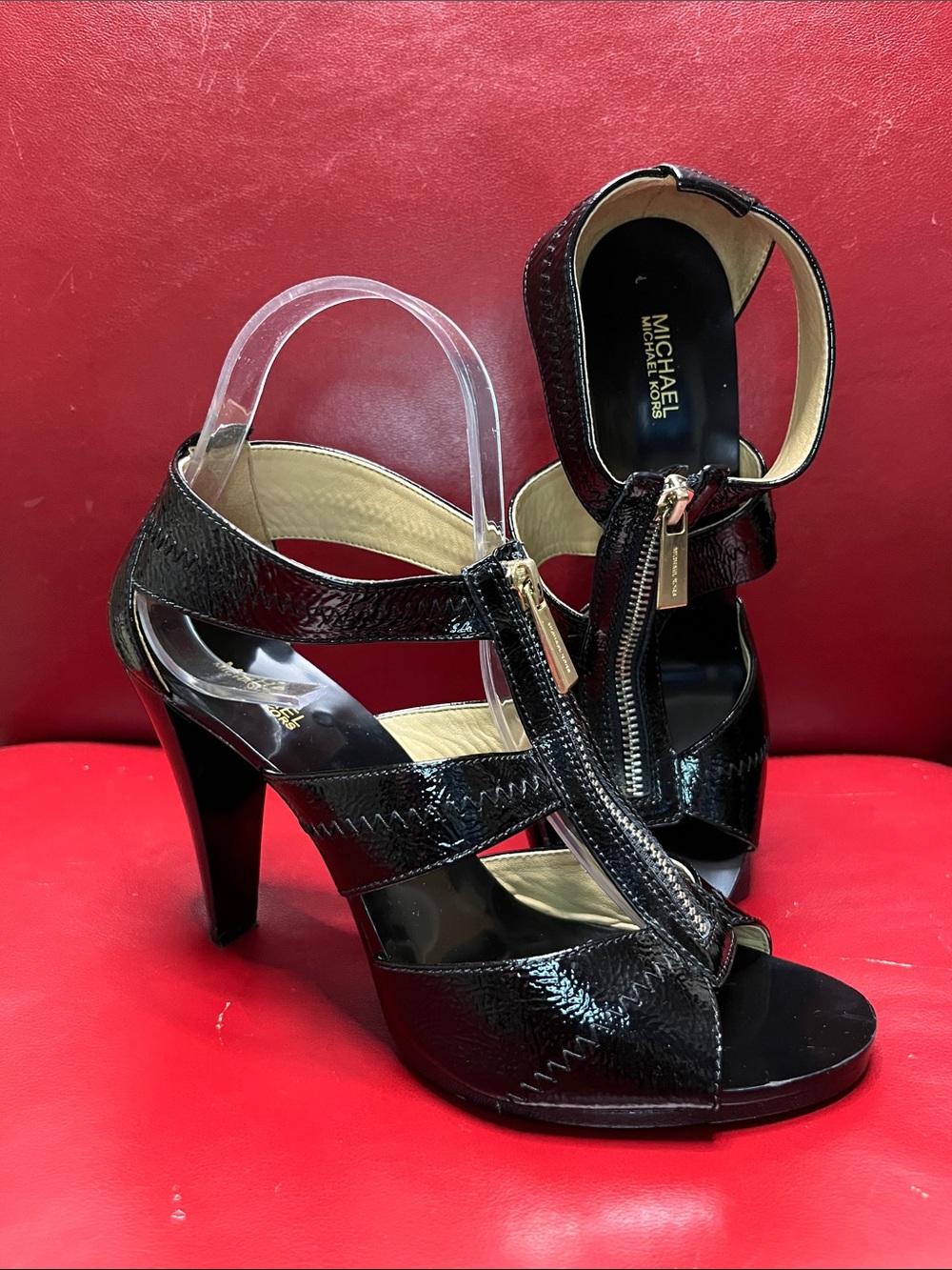 Michael Kors Black Patent Leather Strappy Zip Heels
